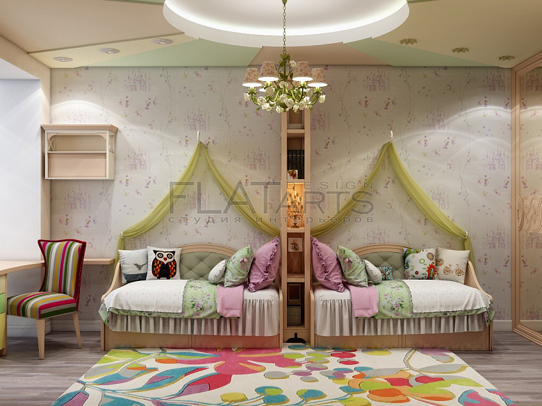 фото:Спальня для принцесс в типовой комнате 18 кв. м