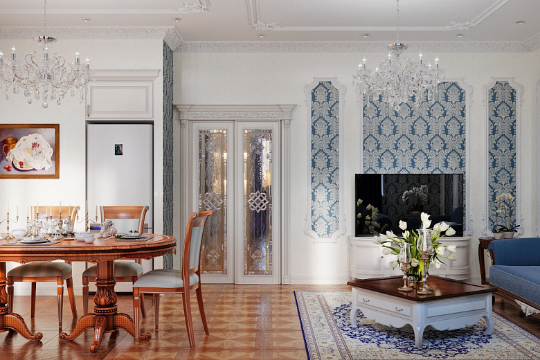 фото:Королевский кобальт и лаванда: квартира 106 кв. метров в классическом стиле